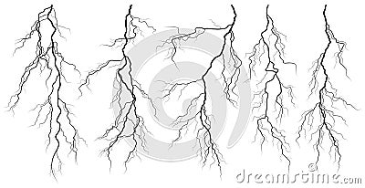 Set of silhouettes of thunderstorm lightning. Vector Illustration