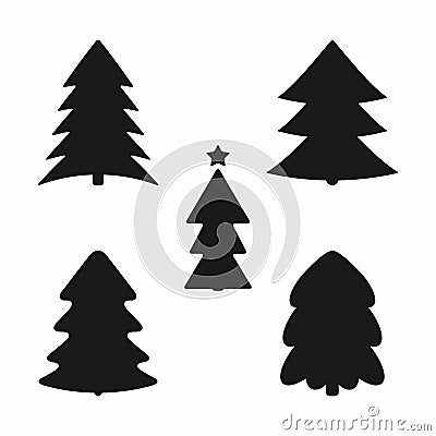 Set of silhouettes of trees. Collection of black icons, symbols, logos. Vector Illustration