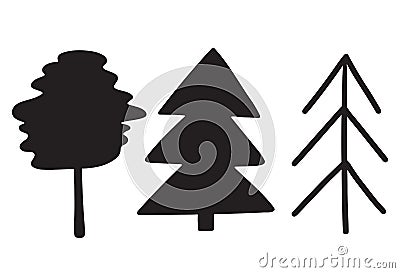 Set of silhouettes of trees. Isolated elements on a white background. Hand drawn vector illustration. Environmental Vector Illustration