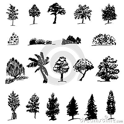 Set of silhouettes of various trees Stock Photo