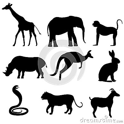 A set of silhouettes of wild animals, such as a mountain goat Vector Illustration