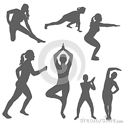 Set of silhouettes of a women engaged sports and fitness. The concept of performing physical exercises by a girl and outdoor Vector Illustration