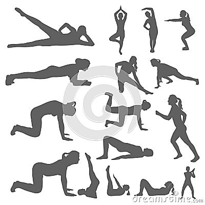 Set of silhouettes of a women engaged sports, fitness, yoga and pilates. Performing physical exercises by a girl and outdoor Vector Illustration