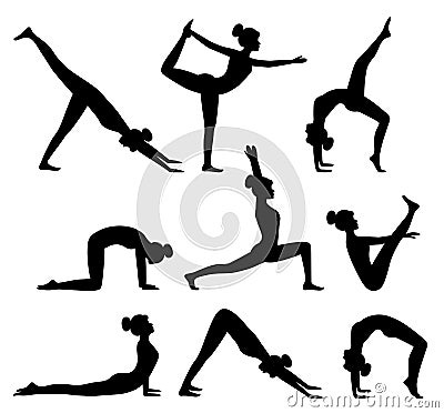 Set of silhouettes of yoga postures. Woman doing pilates exercises. Healthy lifestyle. Workout, vector illustration Vector Illustration