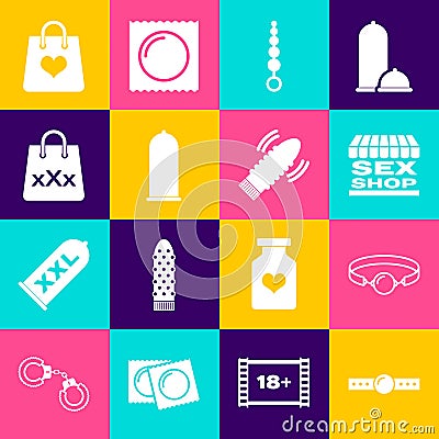 Set Silicone ball gag, Sex shop building, Anal beads, Condom safe sex, Shopping bag with triple X, heart and Dildo Vector Illustration