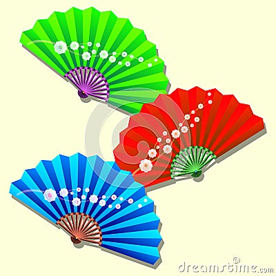 Set of silk Chinese hand fans Vector Illustration