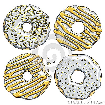 Set of silver donuts with a gold cream. Isolated vector objects. Vector Illustration