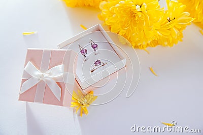 Set of silver jewellery with amethyst in the gift box with yellow flowers Stock Photo