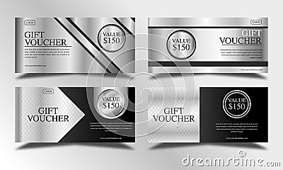 Set of silver luxury voucher gift templates, coupon designs, certificates, ticket templates, ready to edit and use. Stock Photo