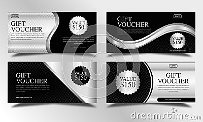 Set of silver luxury voucher gift templates, coupon designs, certificates, ticket templates, ready to edit and use. Stock Photo