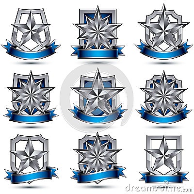 Set of silvery heraldic 3d glossy icons Vector Illustration