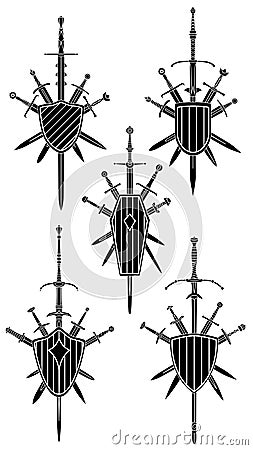 Set of simple black images of five crossed swords with medieval two-handed sword covered with shields Vector Illustration