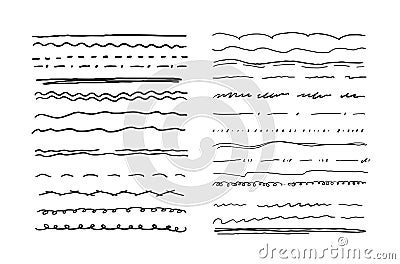 Set of simple black underline lines with pen, pencil, marker. Doodle letters. Handwriting of different lines dotted wavy. Scribble Cartoon Illustration