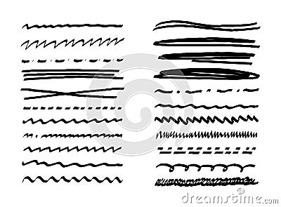 Set of simple black underline lines with pen, pencil, marker. Doodle letters. Handwriting of different lines dotted wavy. Scribble Cartoon Illustration