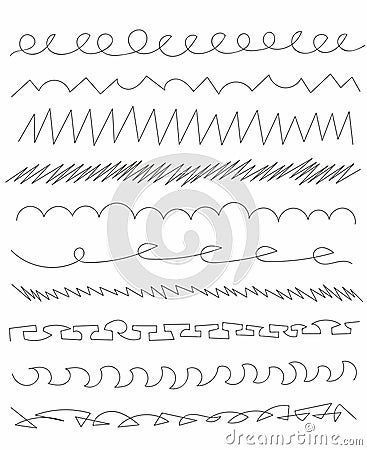 Set of simple black underline lines with pen, pencil, marker. Handwriting of different lines wavy. Scribble. Vector Illustration