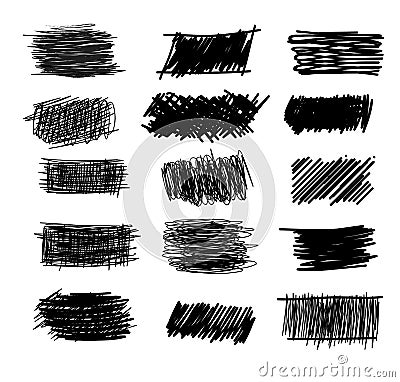 Set of simple bold hatching doodle lines, curves, frames. Pencil collection sketch isolated on white. Vector marker line blots set Vector Illustration