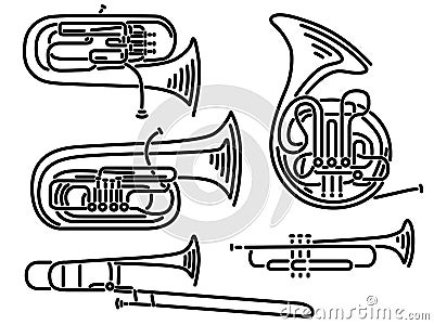 Set of vector brass wind musical instruments drawn by lines. Vector Illustration