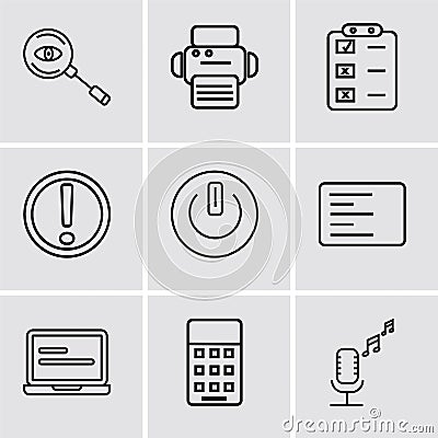 Set Of 9 simple editable icons such as Broadcast microphone, Calculator, Laptop frontal monitor, Left side alignment, Button on of Vector Illustration