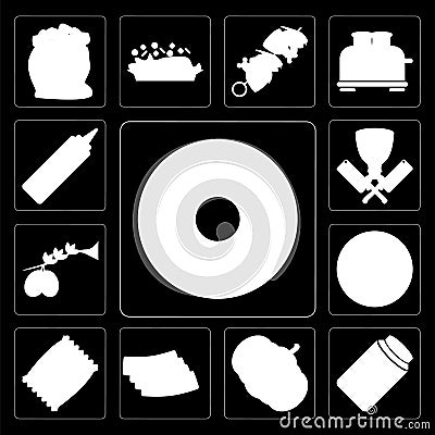 Set of Doughnut, Honey, Pumpkin, Bacon, Chips, Pizza, Olives, Bu Vector Illustration