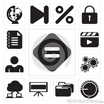 Set of Equal, Volume control, Folder, Television, Cloud computing, Settings, User, Video player, Notepad, editable icon pack Vector Illustration