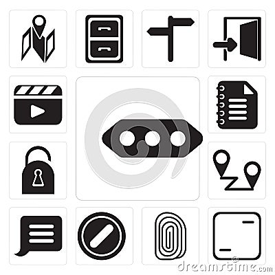 Set of More, Frame, Fingerprint, Forbidden, Notification, Placeholders, Locked, Notepad, Video player, editable icon pack Vector Illustration