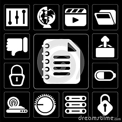Set of Notepad, Unlocked, Database, Volume control, Wireless int Vector Illustration