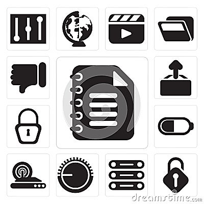 Set of Notepad, Unlocked, Database, Volume control, Wireless int Vector Illustration