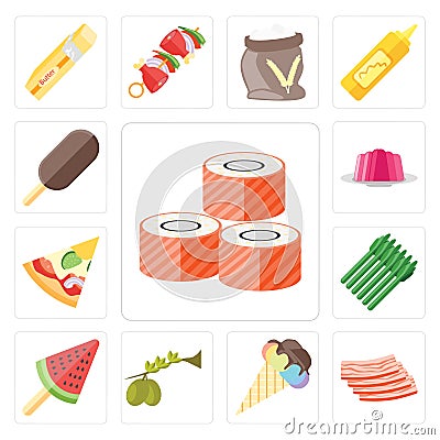 Set of Sushi, Bacon, Ice cream, Olives, Asparagus, Pizza, Jelly, editable icon pack Vector Illustration
