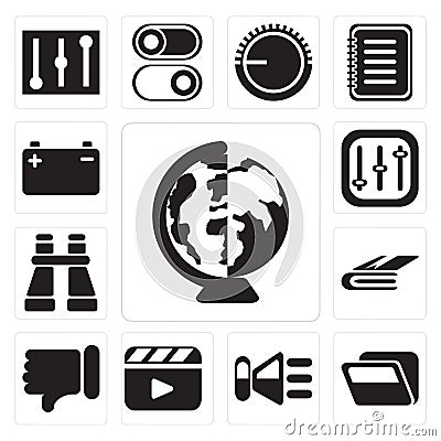 Set of Worldwide, Folder, Speaker, Video player, Dislike, Notebook, Binoculars, Controls, Battery, editable icon pack Vector Illustration