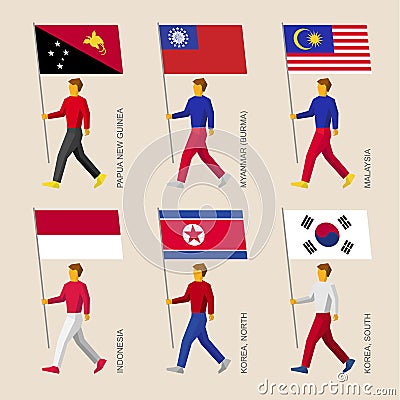 Set of simple flat people with flags of Asian countries Vector Illustration