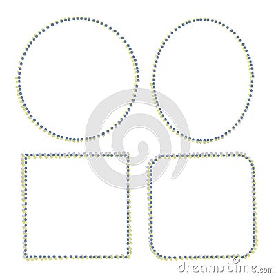 Set of simple geometric frames with outline from round uneven dotted blue objects vector objects isolated on white background. Vector Illustration