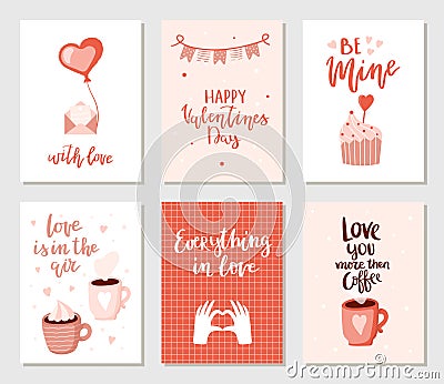 Set of simple hand drawn Valentines cards. Vector Illustration