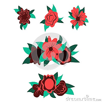 Set of simple hand drawn vector flowers for Dia de Los Muertos, traditional Mexican Halloween decoration Stock Photo