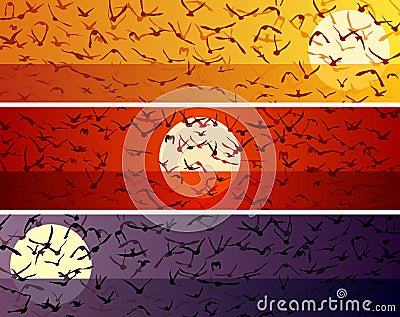 Set of simple horizontal banners with a flock of birds at sunset. Vector Illustration