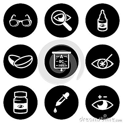 Set of simple icons on a theme Optometry, vector, design, collection, flat, sign, symbol, element, object, illustration, isolated. Vector Illustration