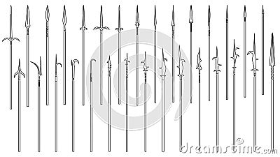 Set of simple images of medieval spears and halberds drawn in art line style. Vector Illustration