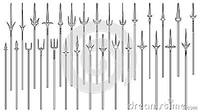 Set of simple images of medieval spears and tridents drawn in art line style. Vector Illustration