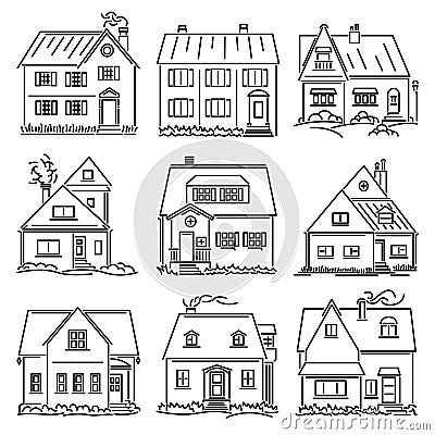 Set of simple images of small houses drawn in art line style Vector Illustration