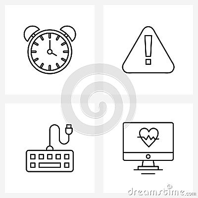 Set of 4 Simple Line Icons of alarm clock, monitor, caution, computer keyboard, heart beat Vector Illustration