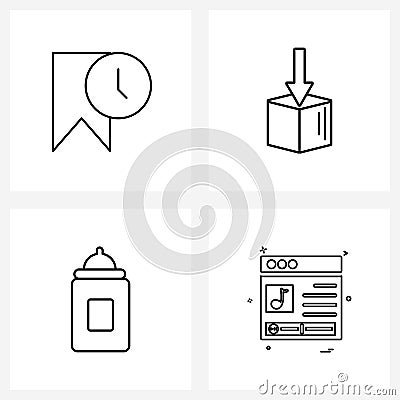 Set of 4 Simple Line Icons of bookmark, kids, watch, package, drink Vector Illustration