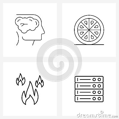 Set of 4 Simple Line Icons of brain, orange, lightning, commerce, burning Vector Illustration