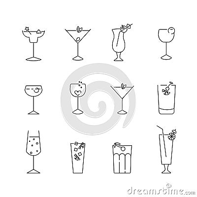 Set of simple line icons of classic cocktails. Outline symbol collection Vector Illustration