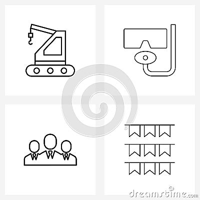 Set of 4 Simple Line Icons of crane, submarine, tools, diving, users Vector Illustration