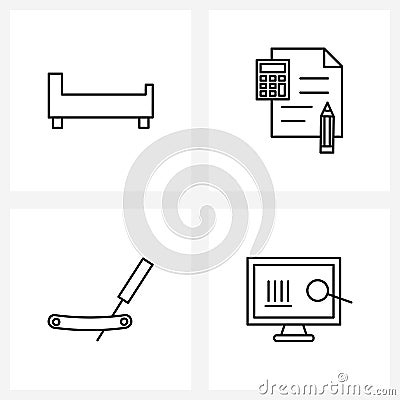 Set of 4 Simple Line Icons for Web and Print such as bed, razor, document, text file, monitor Vector Illustration