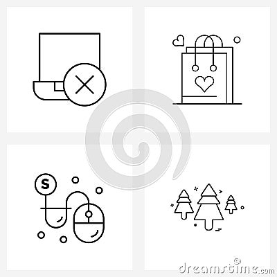 Set of 4 Simple Line Icons for Web and Print such as cancel, click, laptop, love, marketing Vector Illustration