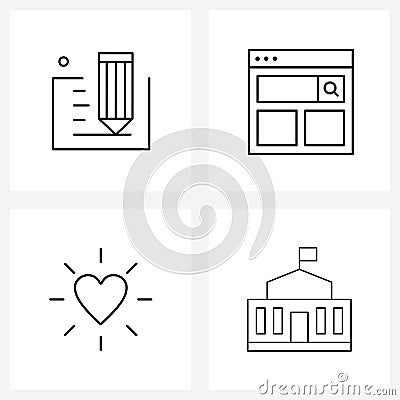 Set of 4 Simple Line Icons for Web and Print such as edit; romantic; interface; search; institution Vector Illustration
