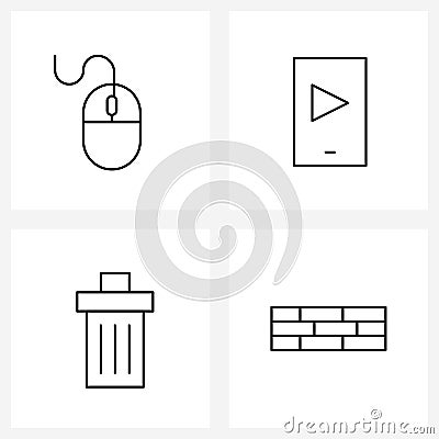 Set of 4 Simple Line Icons for Web and Print such as mouse, delete, mobile, play, parapet Vector Illustration