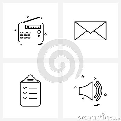 Set of 4 Simple Line Icons for Web and Print such as radio, text, entertainment, e mail, ui Vector Illustration