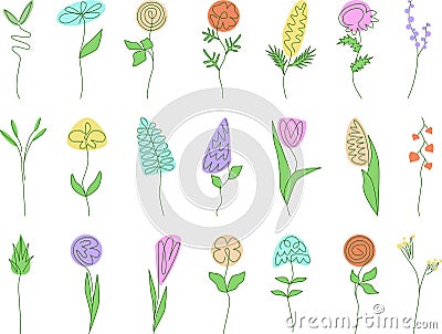 Set of simple minimalistic oneline drawing colorful flowers. Floral, herbs, leaves collection. Botany icons. Elements Vector Illustration