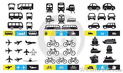 Set of Simple monochromatic vehicle and transport related icons. Bus, train, avto, airplane, bicycle, ship, ferry. For your design Cartoon Illustration